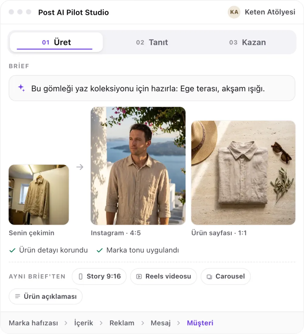 Post AI Pilot Studio, Üret adımı: tek ürün fotoğrafından Instagram ve ürün sayfası görselleri