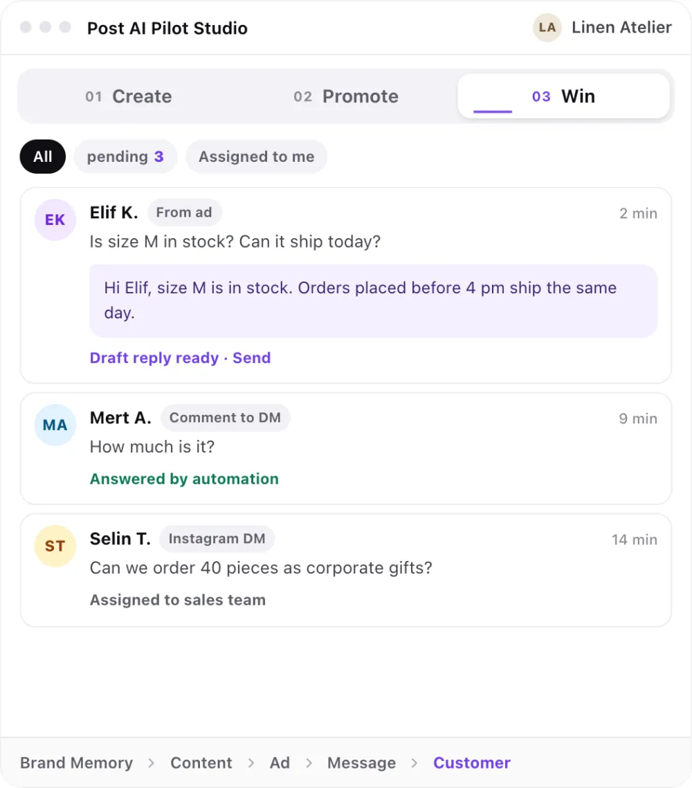 Post AI Pilot Studio, Win step: one inbox for ad, comment and DM messages